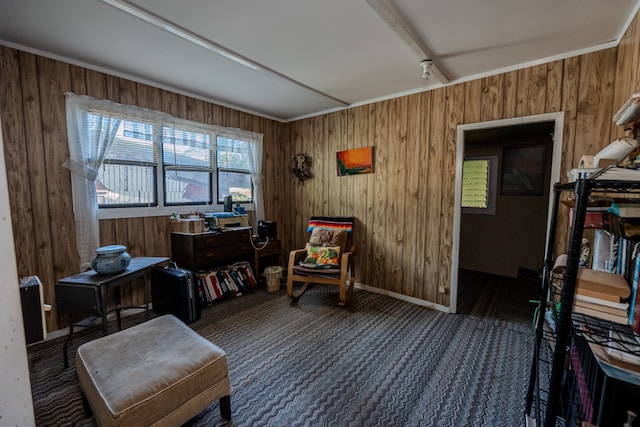 sitting room with dark carpet and wood walls