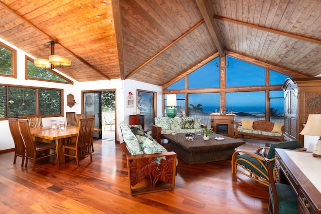 living room featuring wood ceiling, wood-type flooring, and high vaulted ceiling