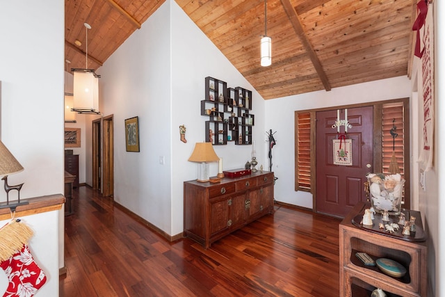 entryway with beamed ceiling, dark hardwood / wood-style floors, wood ceiling, and high vaulted ceiling