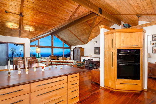 kitchen featuring wood counters, dark hardwood / wood-style flooring, black double oven, wooden ceiling, and beamed ceiling