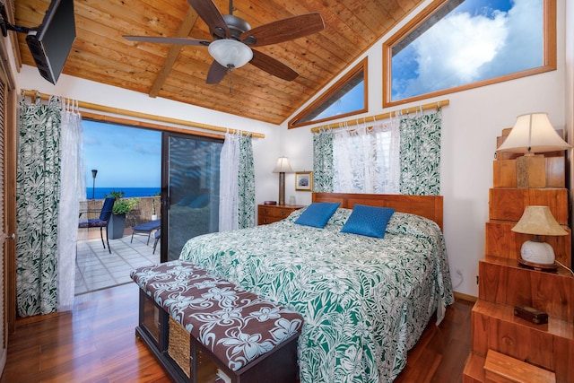 bedroom featuring hardwood / wood-style flooring, vaulted ceiling, ceiling fan, and wooden ceiling