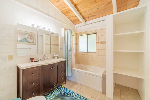 bathroom featuring tile patterned floors, vaulted ceiling, wooden walls, shower / bathtub combination with curtain, and wooden ceiling