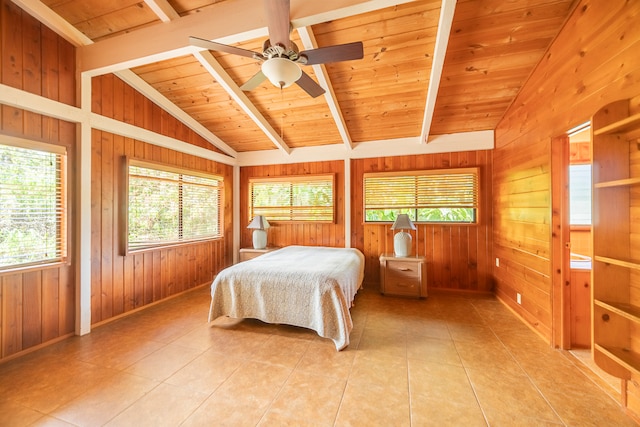 bedroom featuring wooden ceiling, wooden walls, light tile patterned flooring, and lofted ceiling with beams