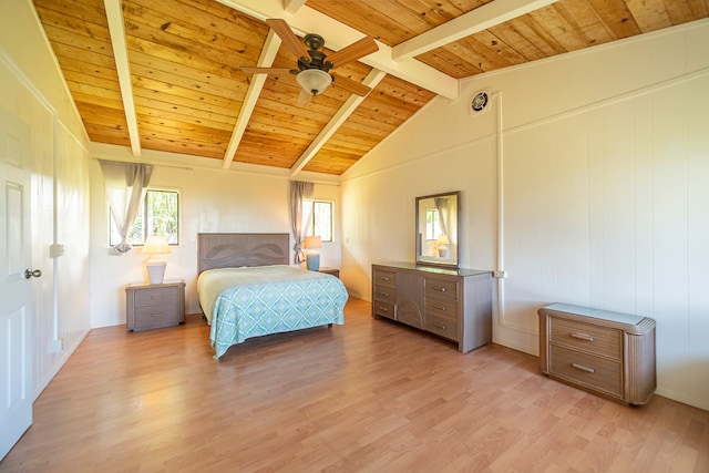 bedroom with lofted ceiling with beams, light hardwood / wood-style flooring, ceiling fan, and wooden ceiling