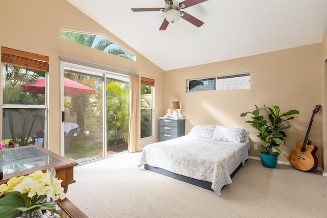 bedroom with high vaulted ceiling, carpet flooring, and ceiling fan