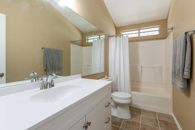 full bathroom with tile patterned flooring, vanity, shower / bath combination with curtain, and toilet