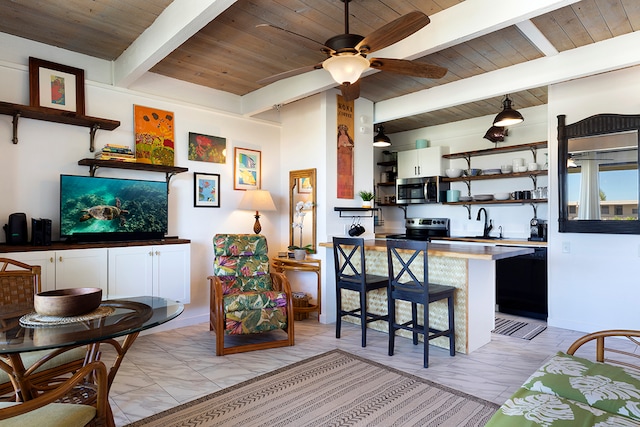 living room with ceiling fan, beam ceiling, wood ceiling, and sink