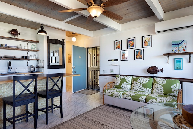 living room featuring beam ceiling, ceiling fan, a wall unit AC, and wooden ceiling