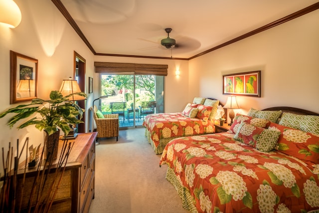 carpeted bedroom with access to outside, ceiling fan, and crown molding