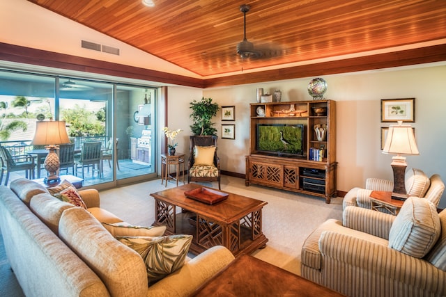 carpeted living room with ceiling fan, wood ceiling, and lofted ceiling