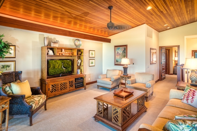 carpeted living room with vaulted ceiling, ceiling fan, and wood ceiling