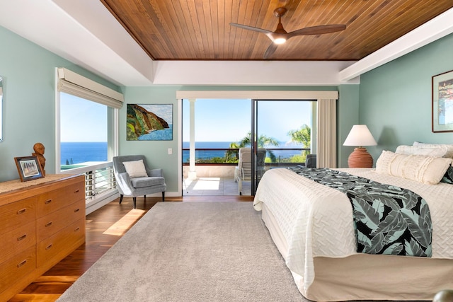 bedroom with access to outside, dark hardwood / wood-style flooring, a water view, and wood ceiling