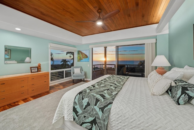 bedroom featuring access to exterior, ceiling fan, wooden ceiling, and hardwood / wood-style flooring