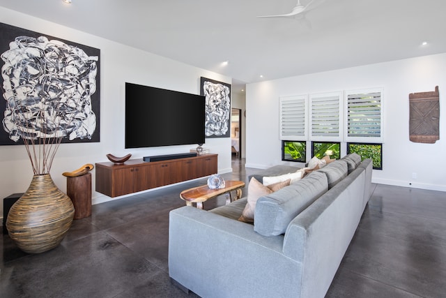 living room with ceiling fan