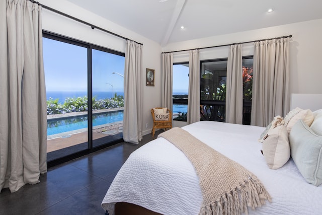 bedroom with vaulted ceiling, access to exterior, a water view, and multiple windows