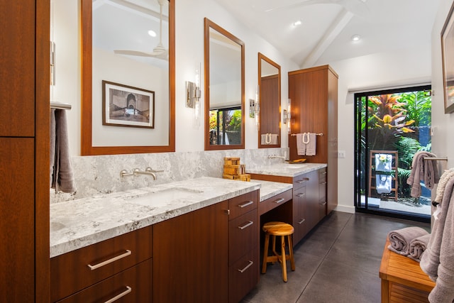 bathroom featuring beam ceiling, vanity, a wealth of natural light, and ceiling fan