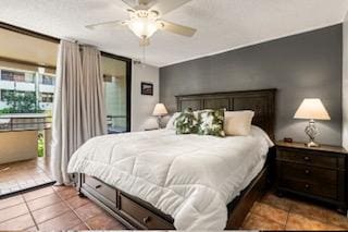 bedroom with light tile patterned floors and ceiling fan