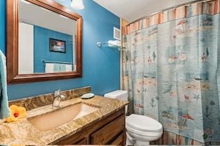 bathroom featuring curtained shower, vanity, and toilet