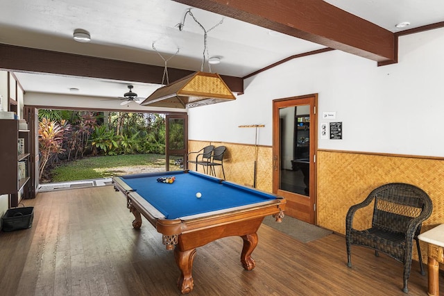 recreation room featuring hardwood / wood-style floors, ceiling fan, beam ceiling, and pool table