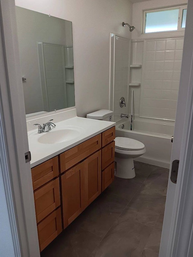 full bathroom featuring shower / bathing tub combination, vanity, toilet, and tile patterned flooring