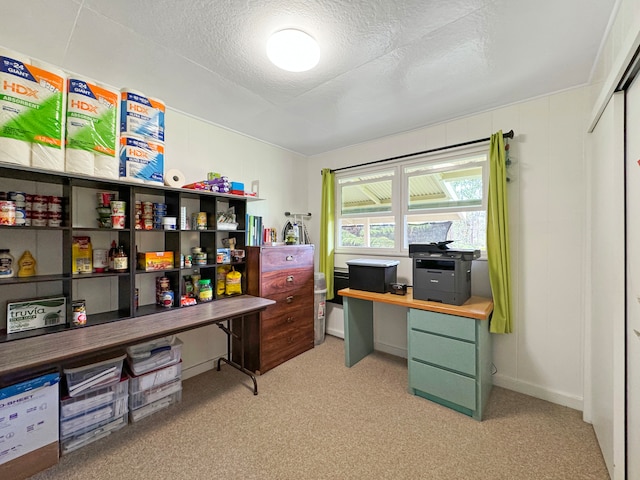 carpeted home office with a textured ceiling