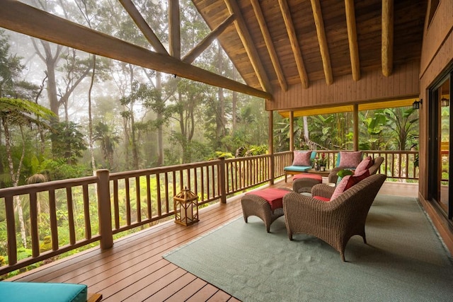 sunroom / solarium featuring wood ceiling and lofted ceiling with beams