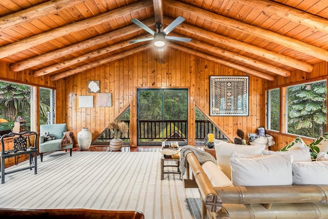 sunroom / solarium with lofted ceiling with beams and wooden ceiling