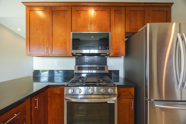 kitchen featuring dark stone counters and appliances with stainless steel finishes