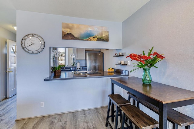 kitchen featuring kitchen peninsula, light hardwood / wood-style floors, and appliances with stainless steel finishes