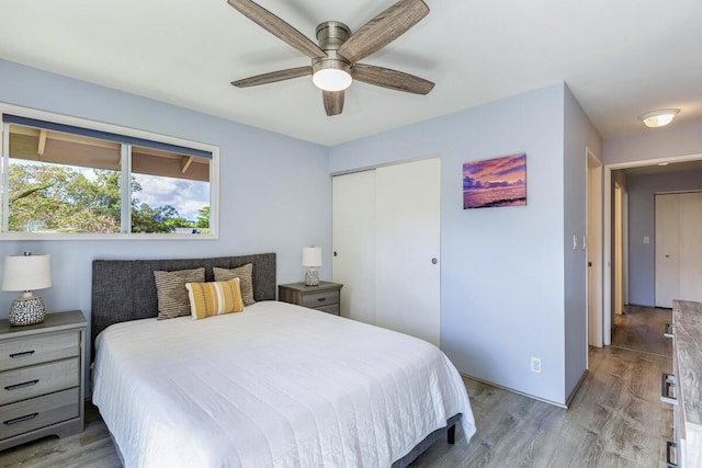 bedroom featuring ceiling fan, light wood-type flooring, and a closet