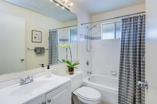 full bathroom featuring vanity, toilet, and shower / bathtub combination with curtain