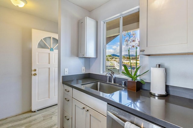 kitchen with light wood-type flooring, white cabinetry, and sink