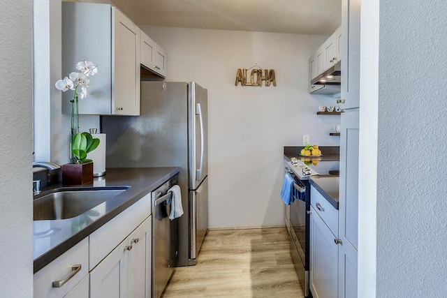 kitchen with white cabinets, light hardwood / wood-style floors, sink, and appliances with stainless steel finishes