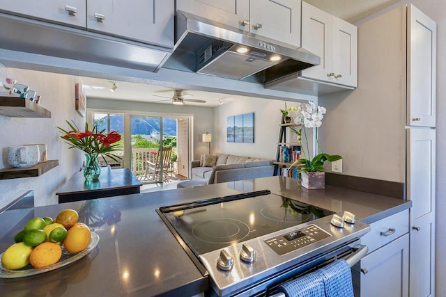 kitchen featuring white cabinets, ceiling fan, and stainless steel stove