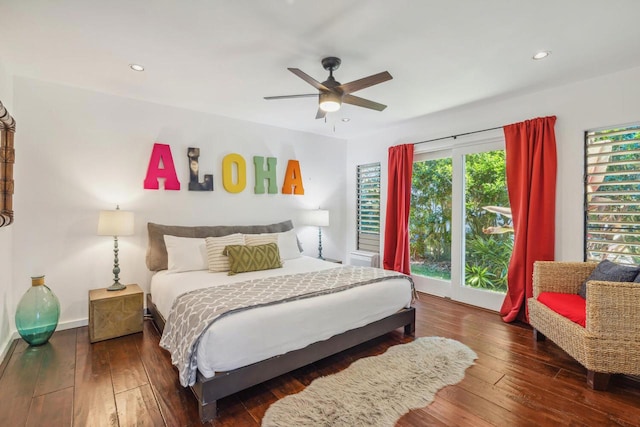 bedroom featuring ceiling fan and dark hardwood / wood-style flooring