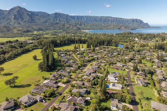 birds eye view of property featuring a water and mountain view