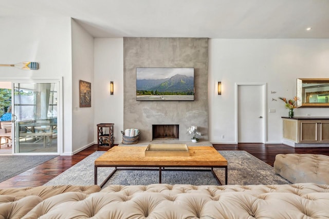 living room featuring a large fireplace and dark wood-type flooring