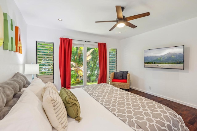 bedroom with ceiling fan and dark wood-type flooring