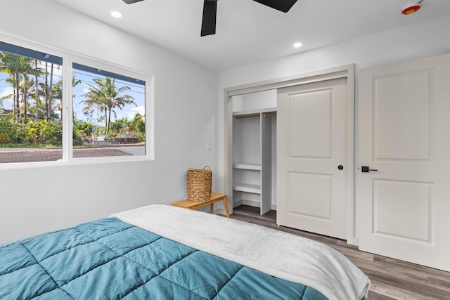 bedroom featuring hardwood / wood-style flooring, ceiling fan, and a closet