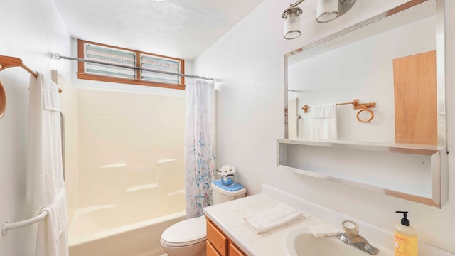 full bathroom with vanity, shower / tub combo, a textured ceiling, and toilet