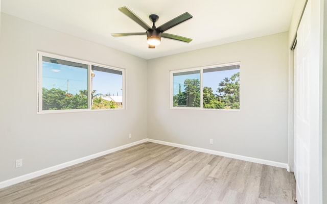 unfurnished bedroom featuring ceiling fan and light hardwood / wood-style floors