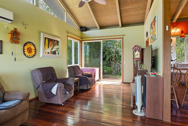 living area with wood ceiling, dark hardwood / wood-style flooring, a wall unit AC, ceiling fan, and beam ceiling