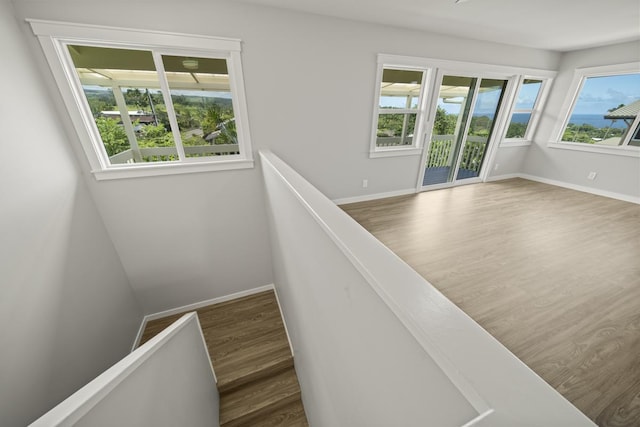 stairs featuring hardwood / wood-style floors