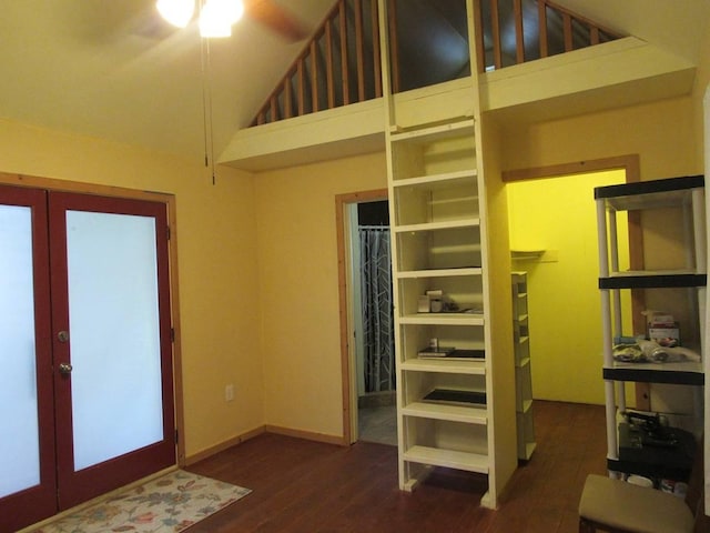 interior space featuring high vaulted ceiling and dark wood-type flooring