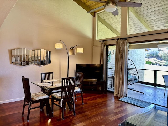 dining room featuring wood ceiling, ceiling fan, dark wood-type flooring, beam ceiling, and high vaulted ceiling