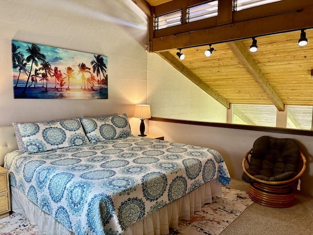 carpeted bedroom with vaulted ceiling with beams and wood ceiling