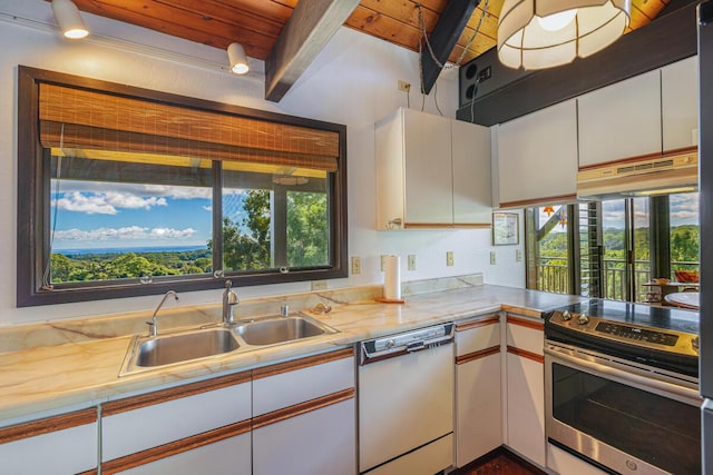 kitchen with white dishwasher, white cabinets, wooden ceiling, and stainless steel range with electric cooktop