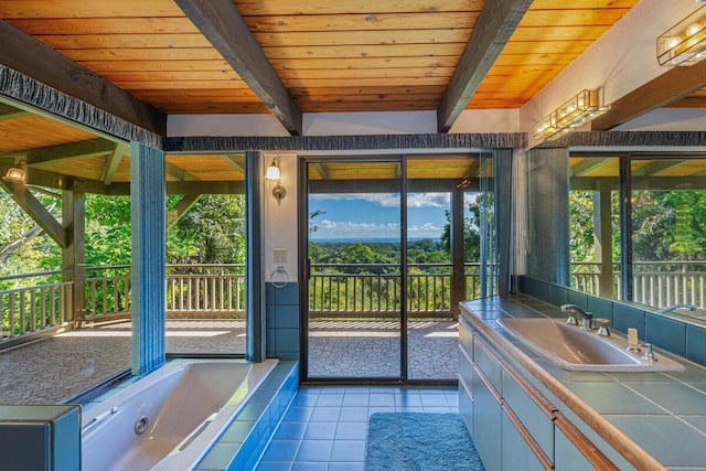 interior space featuring lofted ceiling with beams, wooden ceiling, and sink