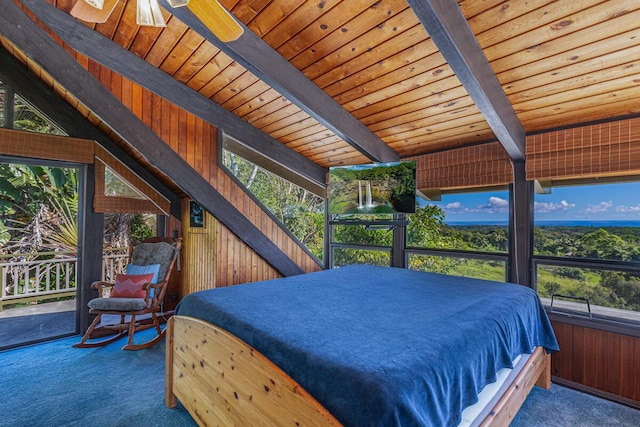 bedroom featuring vaulted ceiling with beams, carpet floors, ceiling fan, and wood ceiling