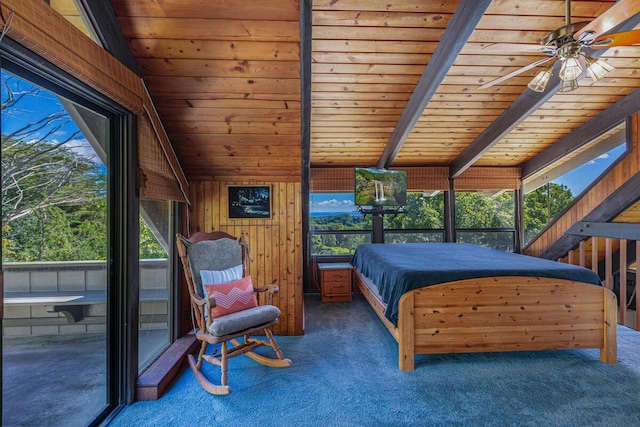 unfurnished bedroom featuring dark colored carpet, vaulted ceiling with beams, wooden walls, and wooden ceiling